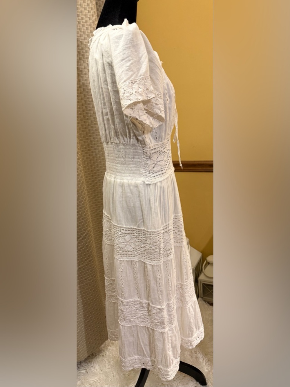 NAOO Nation AK Outfits Bohemian White Crochet Tie-Neck Maxi Dress 100% Cotton - Picture 5 of 7